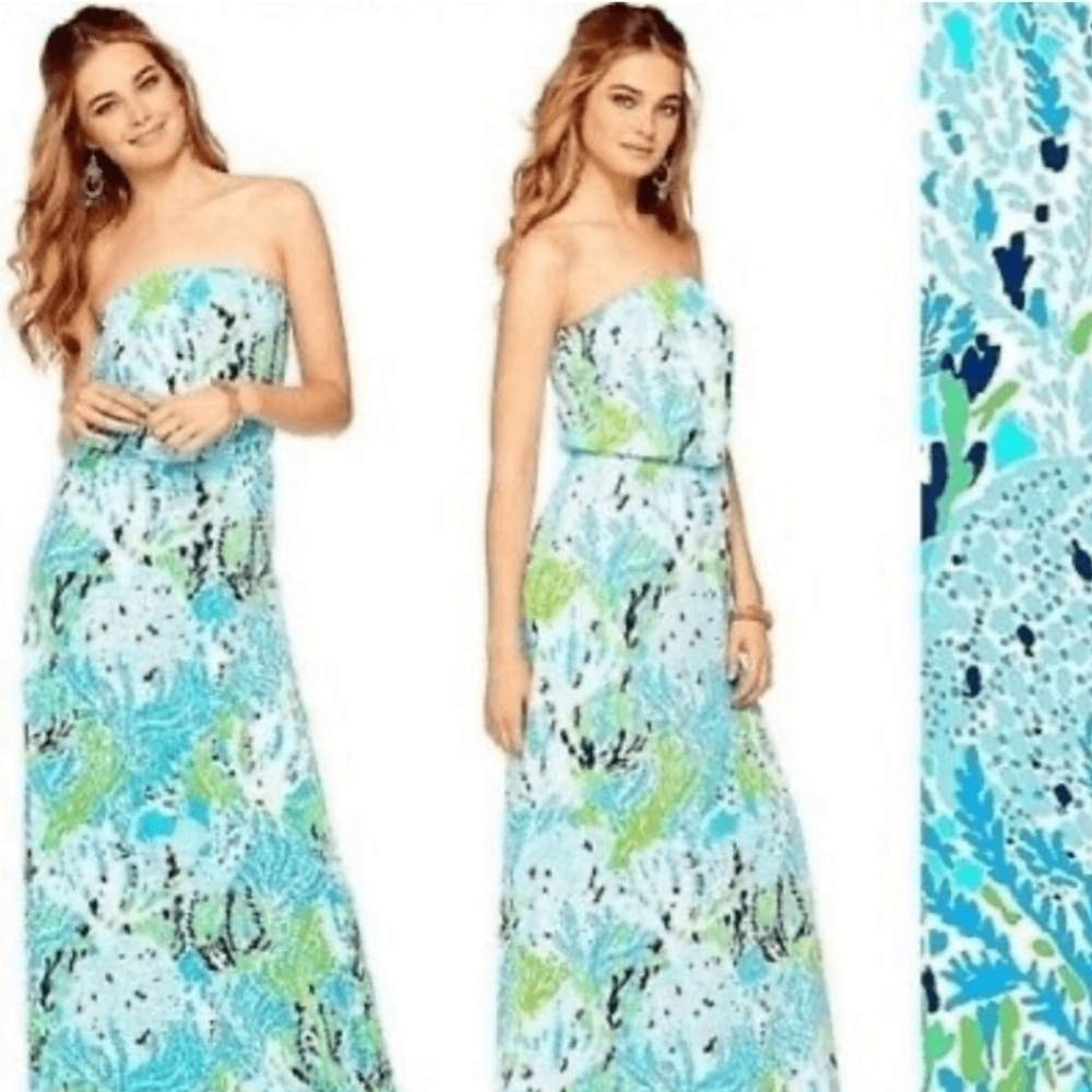 Lilly Pulitzer Strapless Blue and Green Coral Maxi Dress - Picture 1 of 6